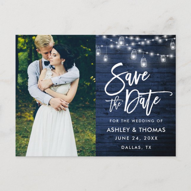 Blue Wood Jar Lights Brush Script Save The Date Postcard (Front)