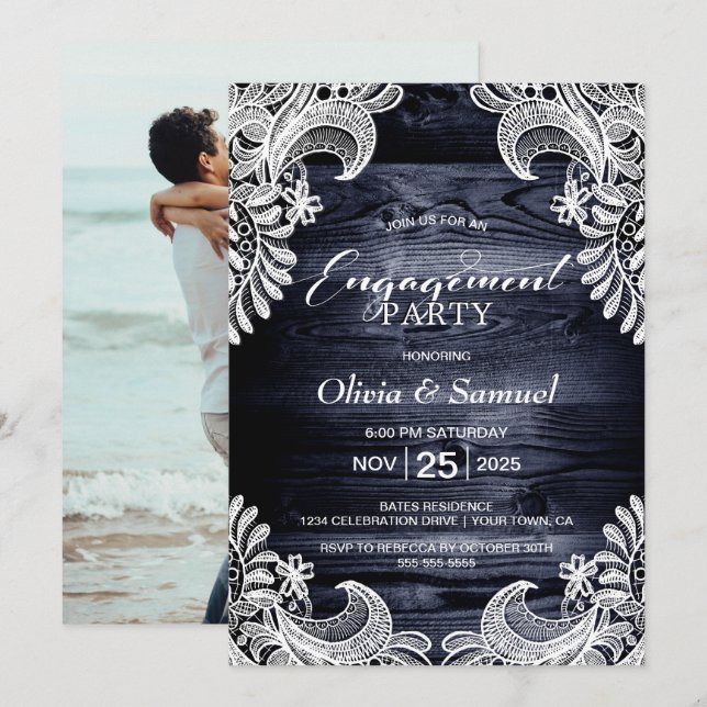 Blue Wood Lace Custom Photo Engagement Party Invitation (Front/Back)