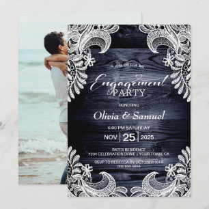 Blue Wood Lace Custom Photo Engagement Party Invitation
