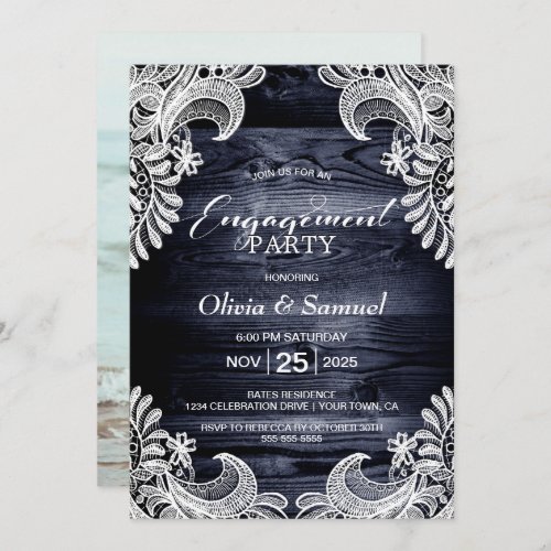 Blue Wood Lace Custom Photo Engagement Party Invitation