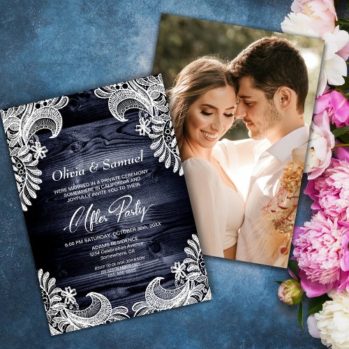 Blue Wood Lace Custom Photo Wedding After Party Invitation