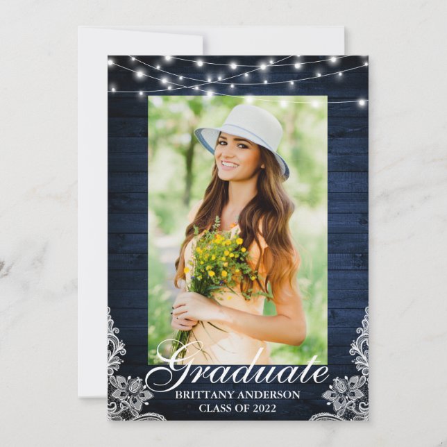 Blue Wood Lace Lights Photo Graduation Announcement (Front)