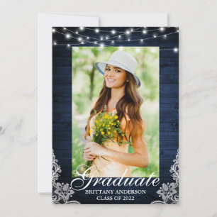 Blue Wood Lace Lights Photo Graduation Announcement