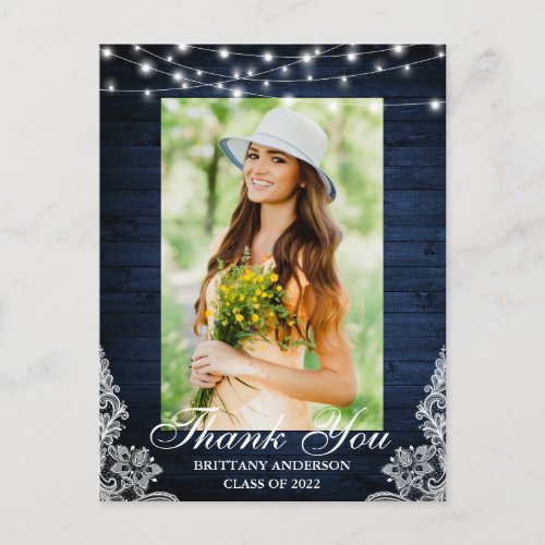 Blue Wood Lace Lights Photo Graduation Thank You Postcard