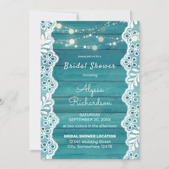 Blue Wood Lace & String Lights Bridal Shower Invitation (Front)
