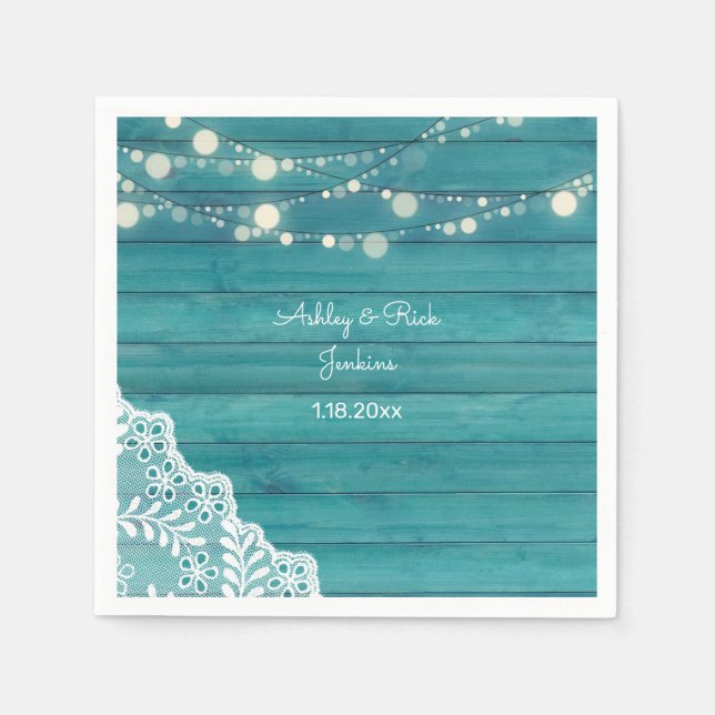 Blue Wood, Lace, String Lights Napkins (Front)