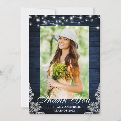 Blue Wood Lace String Lights Photo Graduation Thank You Card