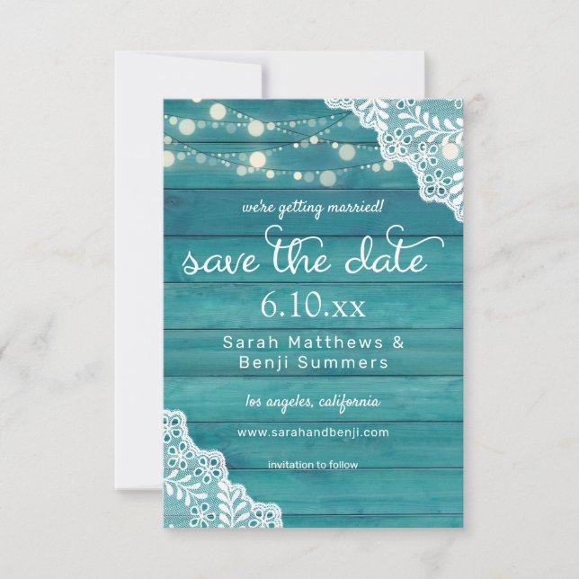Blue Wood Lace & String Lights Save The Date (Front)