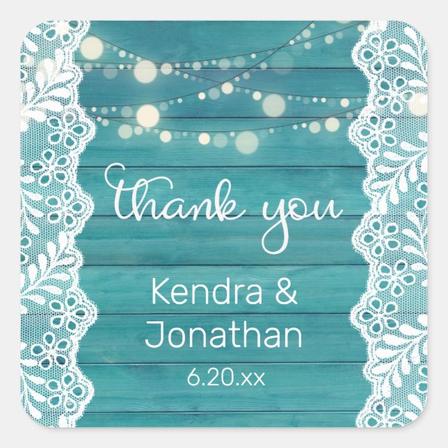 Blue Wood Lace & String Lights Thank You Square Sticker (Front)