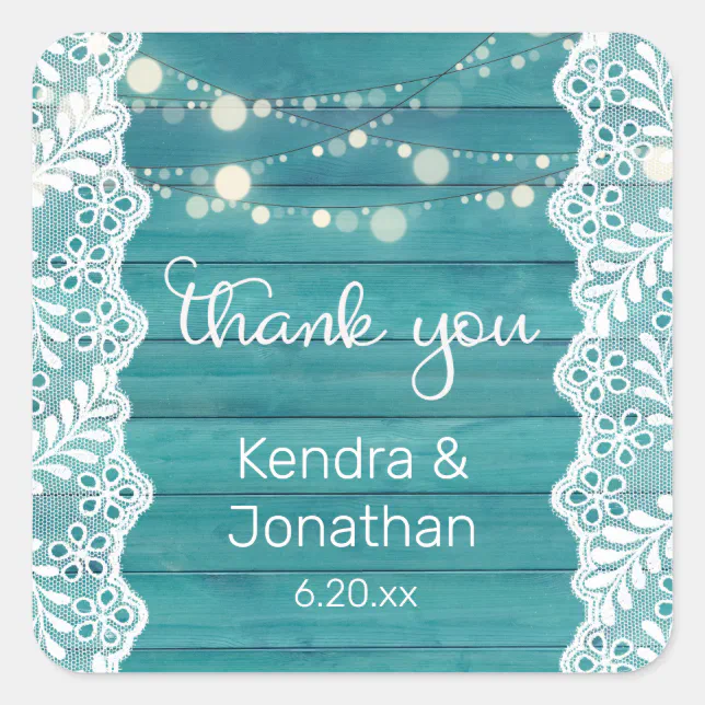 Blue Wood Lace & String Lights Thank You Square Sticker | Zazzle