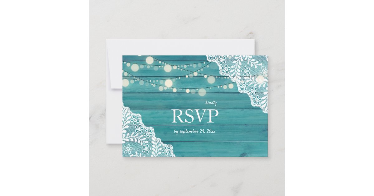 Blue Wood Lace & String Lights Wedding no Meal RSVP Card | Zazzle
