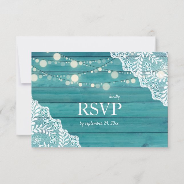 Blue Wood Lace & String Lights Wedding no Meal RSVP Card (Front)