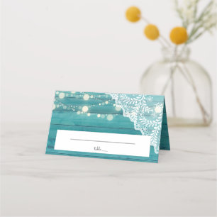 Blue Wood, Lace & String Lights Wedding Place Card