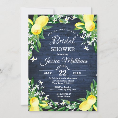 Blue Wood Lemons Greenery Watercolor Bridal Shower Invitation