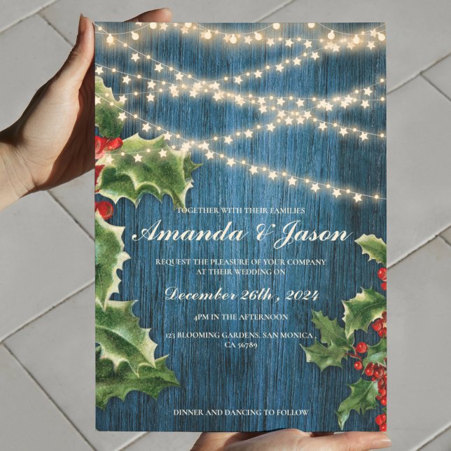 Blue Wood Light Berry Christmas wedding Invitation (Blue Wood Light Berry Christmas wedding Invitation)
