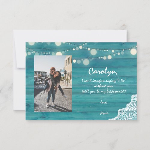 Blue Wood Lights Be My Bridesmaid with Photo Invitation