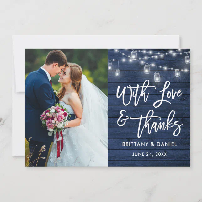 Blue Wood Lights Brush Script Love Thanks Wedding Thank You Card | Zazzle