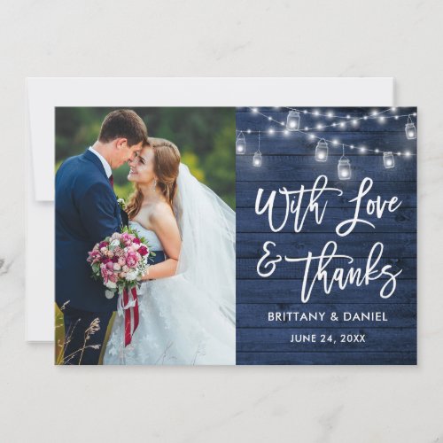 Blue Wood Lights Brush Script Love Thanks Wedding Thank You Card