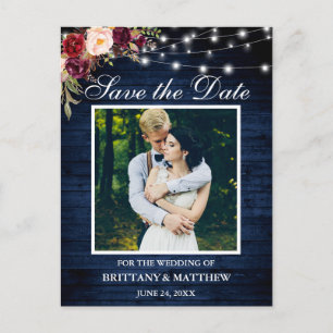 Blue Wood Lights Burgundy Floral Save the Date Postcard
