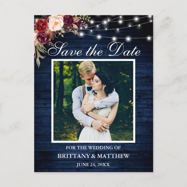 Blue Wood Lights Burgundy Floral Save the Date Postcard (Front)