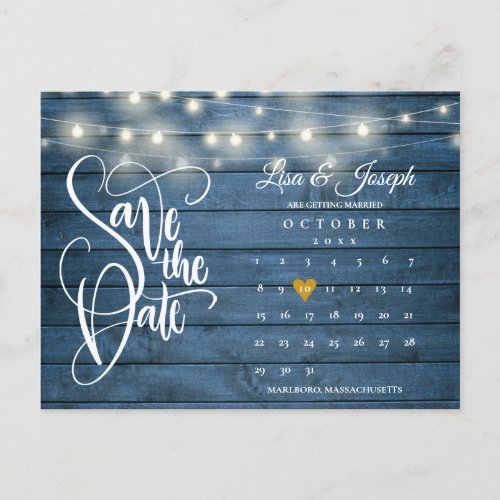Blue Wood Lights Calendar QR Code Save the Date Announcement Postcard