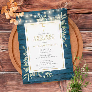 Blue Wood Lights Greenery First Holy Communion Invitation