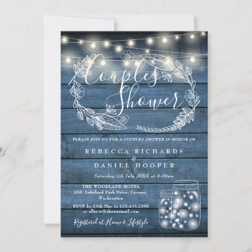 Blue Wood Mason Jars String Lights Couples Shower Invitation