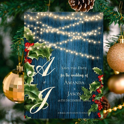 Blue Wood Monogram Christmas Wedding Save The Date Invitation Postcard