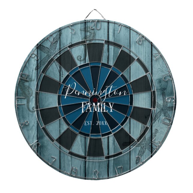 Blue Wood Ocean Life Custom Family Name  Dart Board (Front)