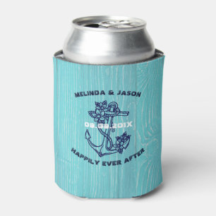 Blue Wood Planks Dark Blue Nautical Boat Anchor Can Cooler