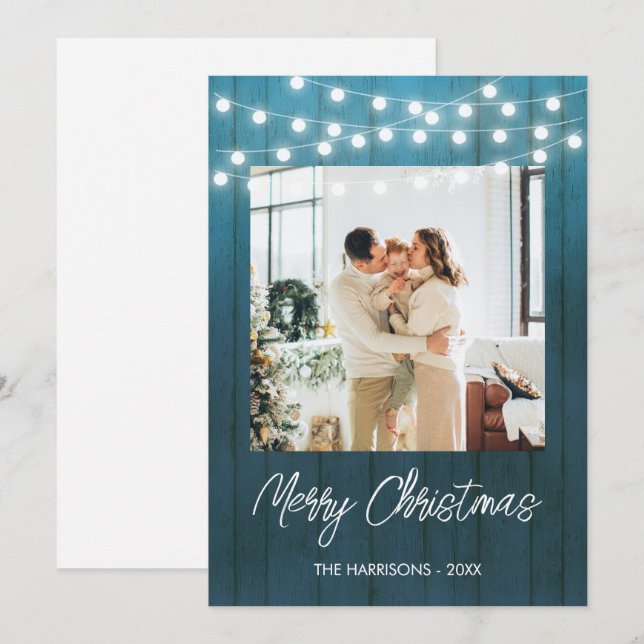 Blue Wood Plate String Lights Photo Christmas Holiday Card (Front/Back)