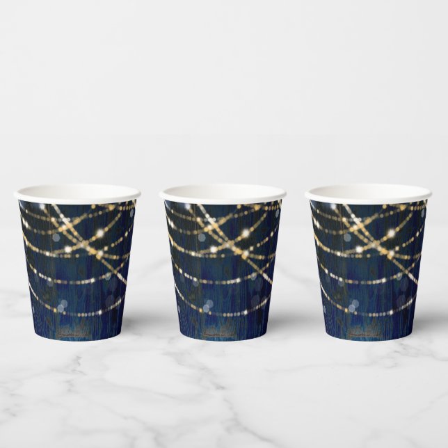 Blue Wood Rustic Sparkle Lights Wedding Paper Cups (Multi)