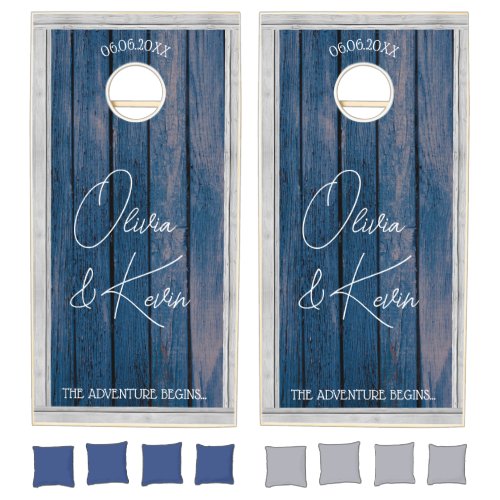 Blue Wood Script Bride And Groom Name Wedding  Cornhole Set