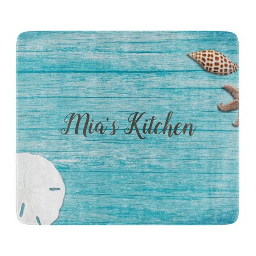 Blue Wood Seashells Custom Wording Cutting Board