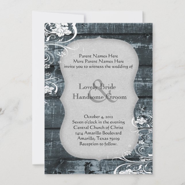Blue Wood Shabby Lace Wedding Invitation (Front)