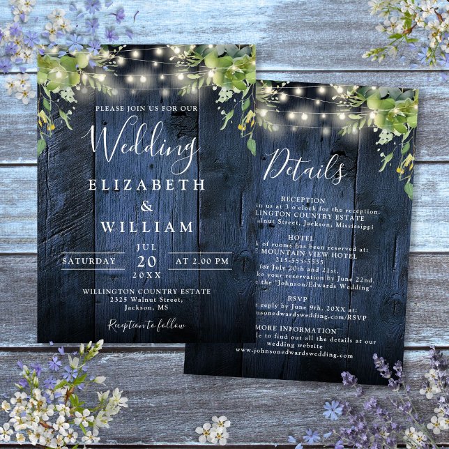 Blue Wood String Light Greenery Details Wedding  Invitation (Blue Wood String Light Greenery Details Wedding Invitation)