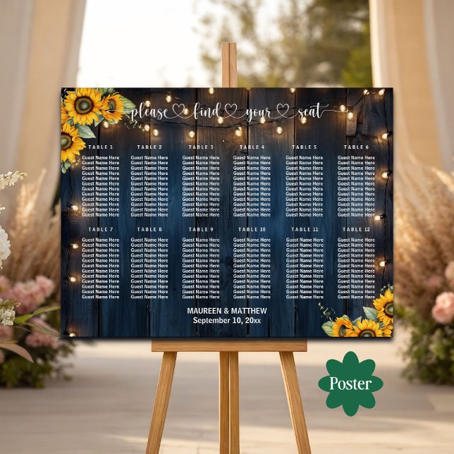 Blue Wood String Lights 12 Tables Wedding Seating Poster (Creator Uploaded)
