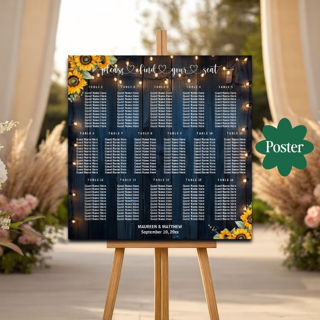 Blue Wood String Lights 16 Tables Wedding Seating Poster (Creator Uploaded)