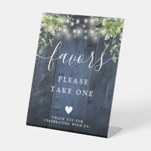 Blue Wood String Lights Greenery Boho Favors Pedestal Sign