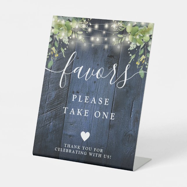 Blue Wood String Lights Greenery Boho Favors Pedestal Sign (Front)