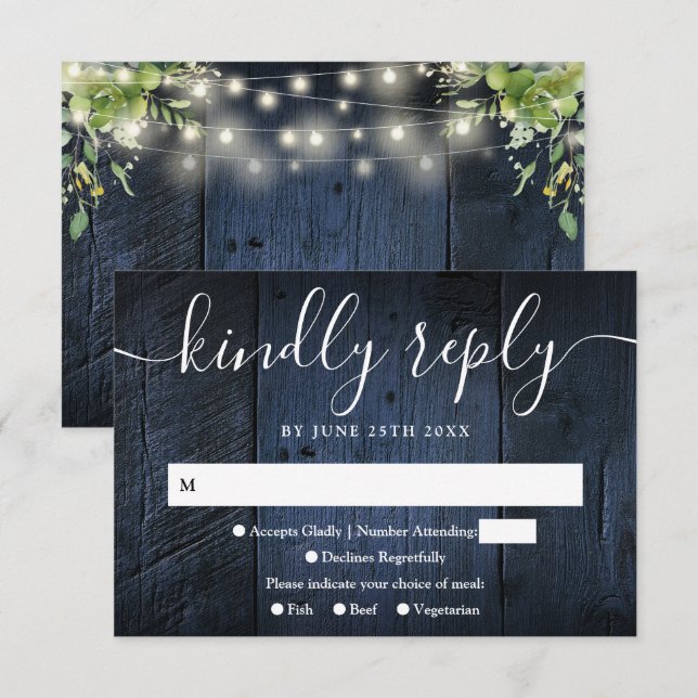 Blue Wood String Lights Greenery Boho Wedding RSVP Card (Front/Back)