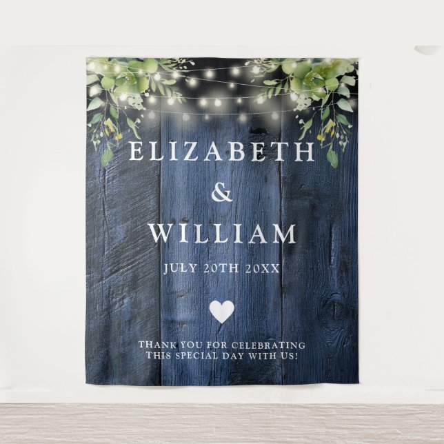 Blue Wood String Lights Greenery Photo Backdrop (Front)