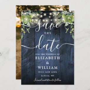 Blue Wood String Lights Greenery Photo Wedding Save The Date