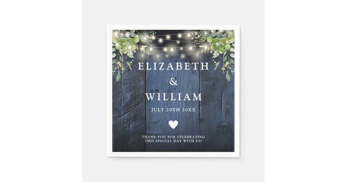 Blue Wood String Lights Greenery Wedding Napkins | Zazzle