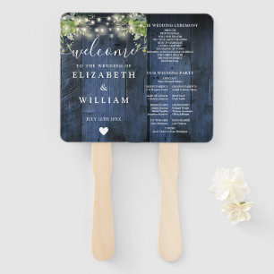 Blue Wood String Lights Greenery Wedding Program Hand Fan
