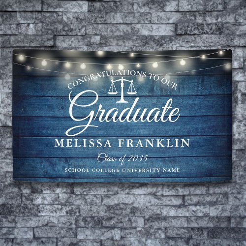 Blue Wood String Lights Law School Graduation Banner