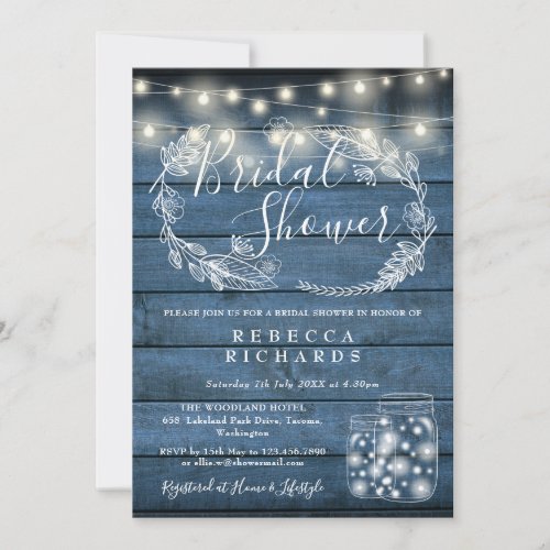 Blue Wood String Lights Mason Jars Bridal Shower Invitation