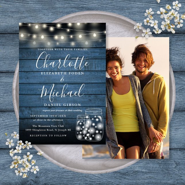 Blue Wood String Lights Mason Jars Wedding Photo Invitation (Blue Wood String Lights Mason Jars Wedding Photo Invitation)