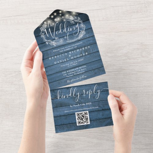 Blue Wood String Lights QR Code Floral Wedding All In One Invitation
