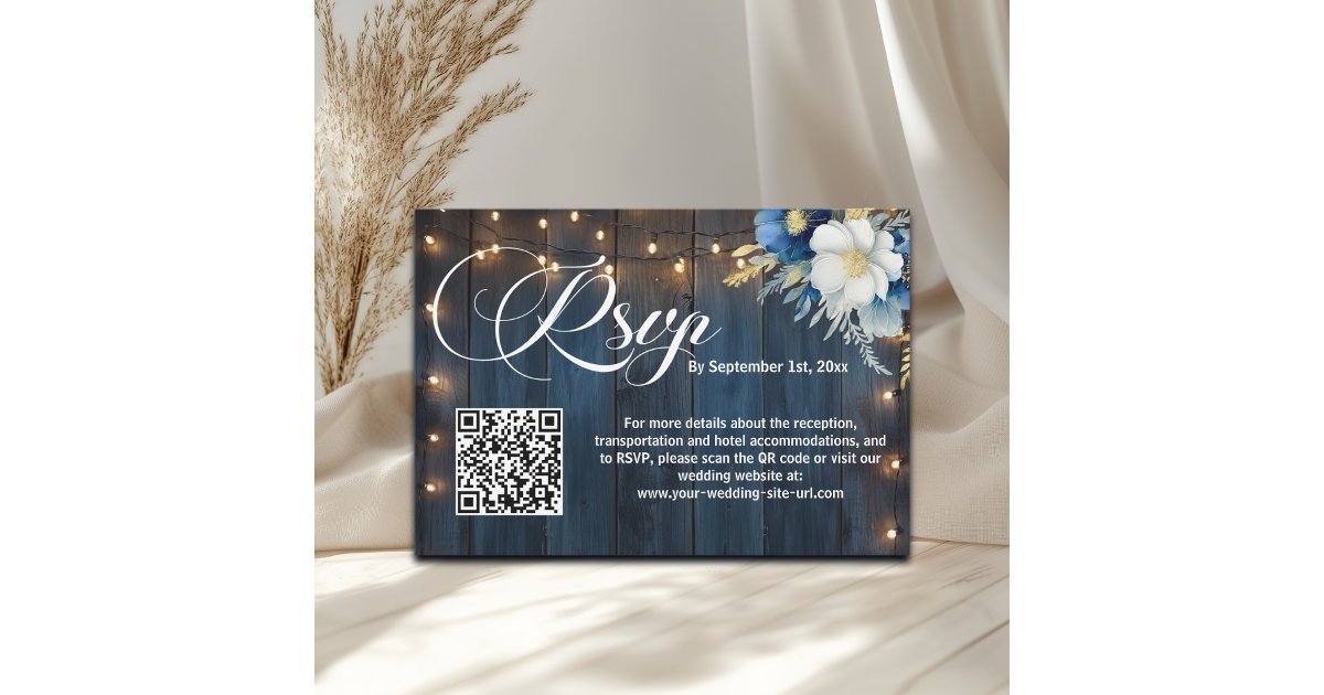 Qr String Blue Wood String Lights QR Code Wedding RSVP Card | Zazzle